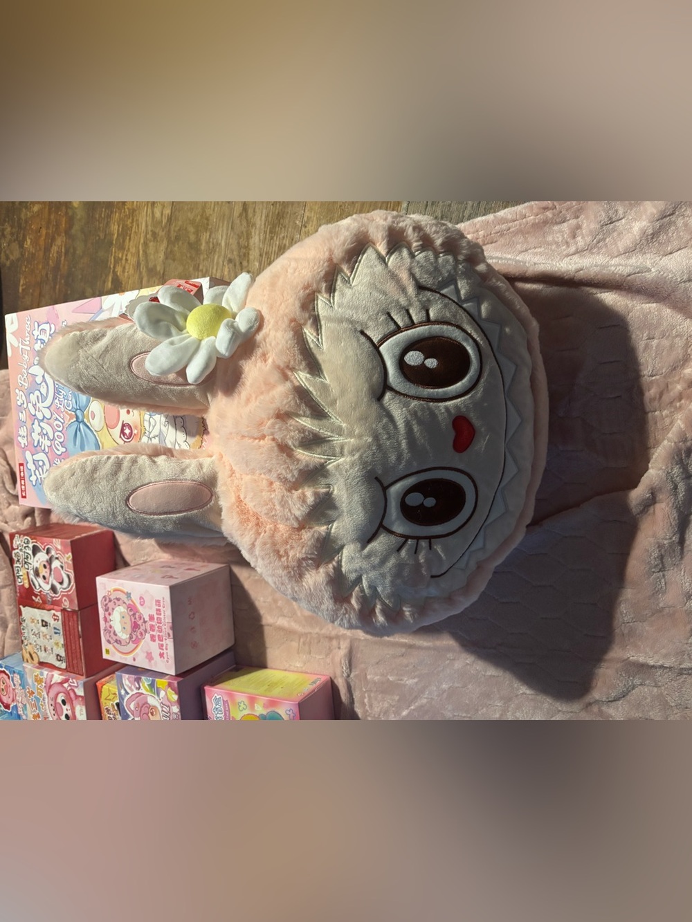 Pink Labubu Plush Pillow Daisy Ear Accent zipper compartment blanket of Labubu